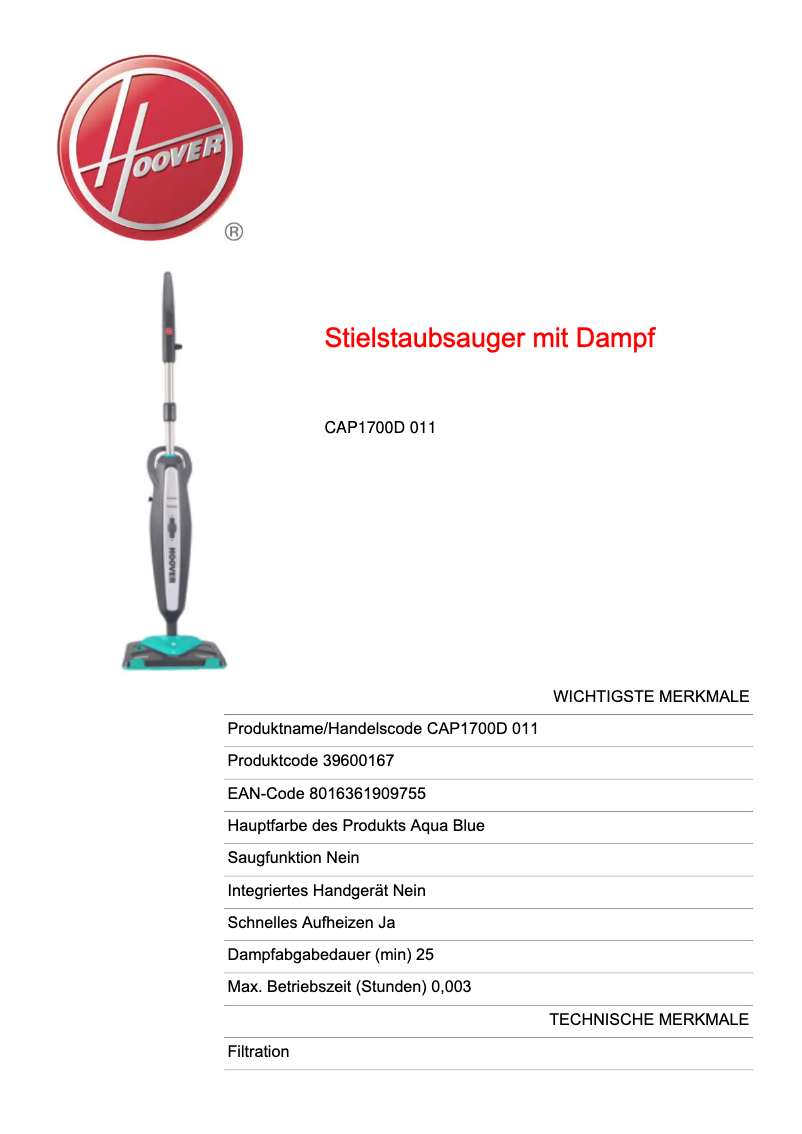 Página 1 del manual Ficha técnica Hoover CAD1700D 011