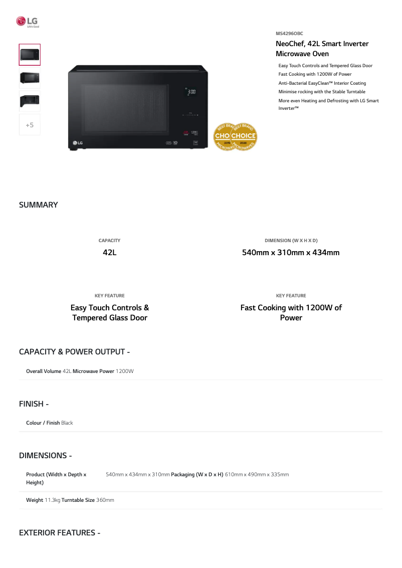 Page 1 de la notice Fiche technique LG MS4296OBC