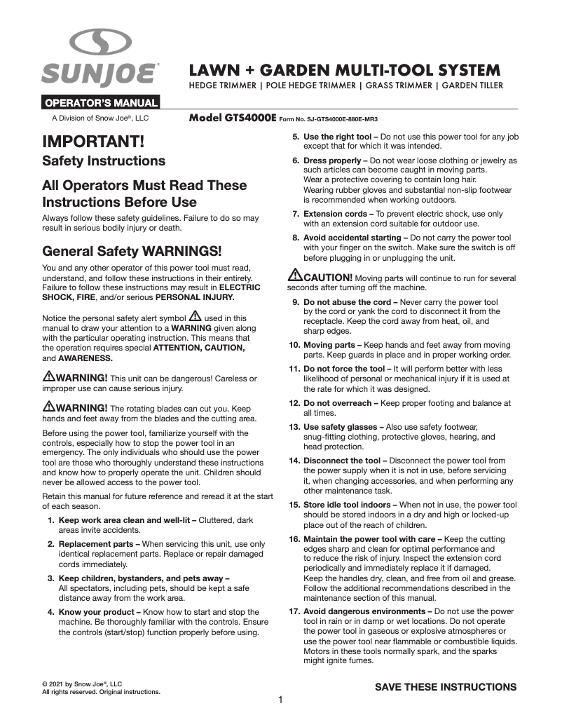 Page 1 de la notice Manuel utilisateur Sun Joe GTS4000E