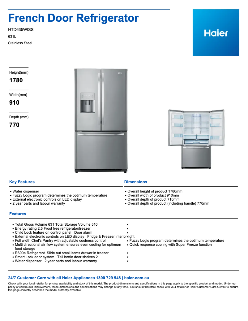 Page 1 de la notice Fiche technique Haier HTD635WISS