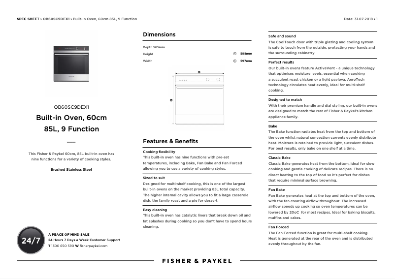 Page 1 de la notice Fiche technique Fisher & Paykel OB60SC9DEX1