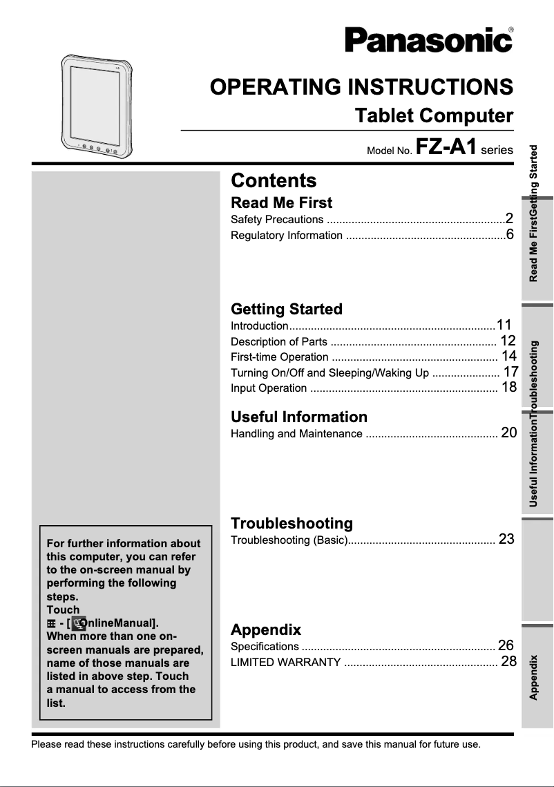 Page 1 de la notice Manuel utilisateur Panasonic Toughbook A1