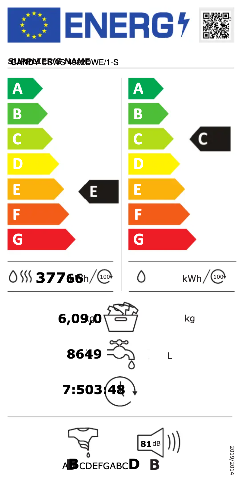 Page 1 de la notice Label énergétique Candy CSWS 4962DWE/1-S