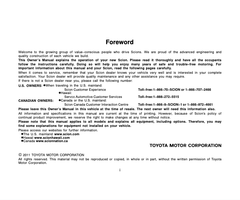Page 1 de la notice Manuel utilisateur Scion xD (2011)