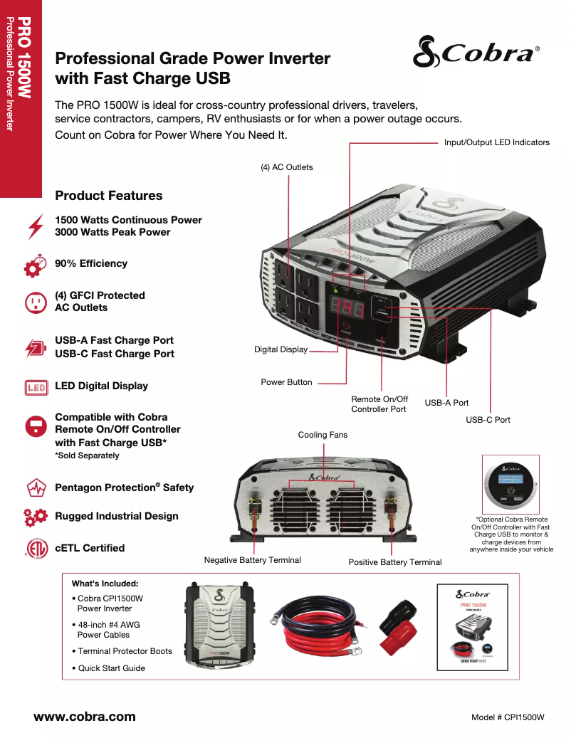 Page 1 de la notice Fiche technique Cobra PRO 1500W