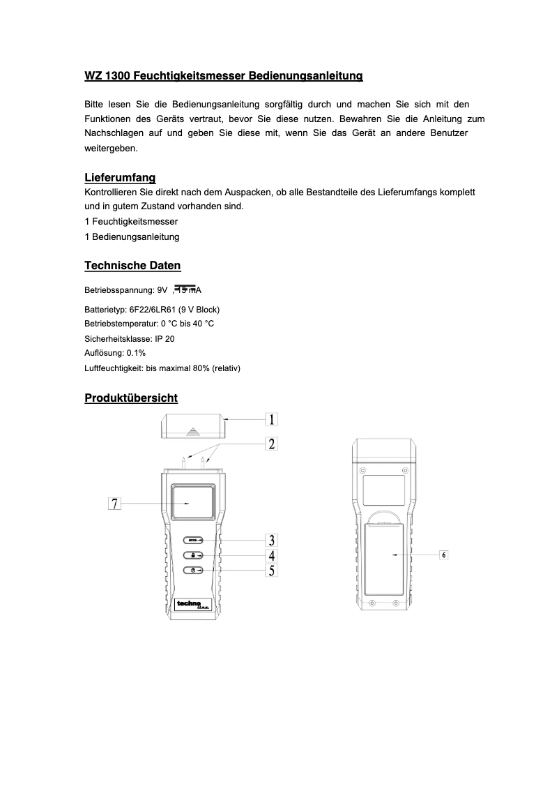 Page 1 de la notice Manuel utilisateur Techno Line WZ 1300