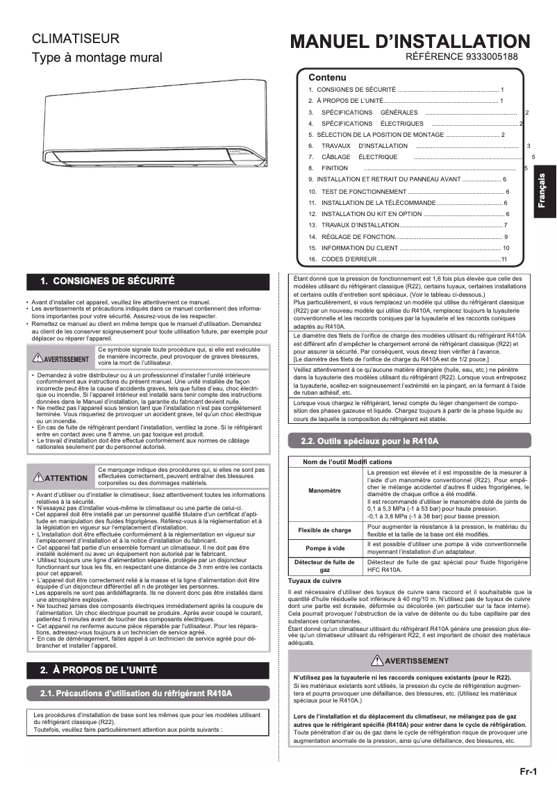 Page 1 de la notice Manuel utilisateur Fujitsu Standard ASYG09LMCE