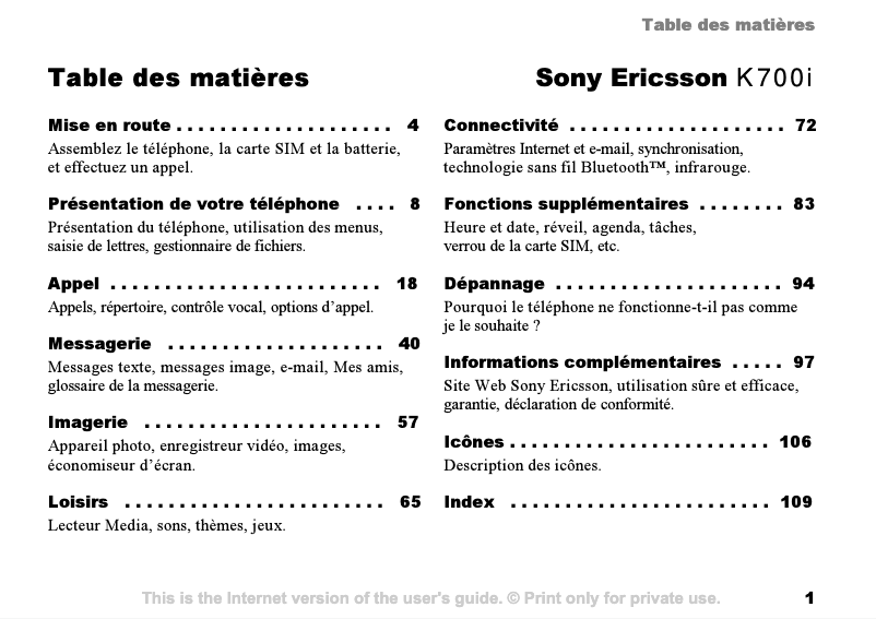 Page n°1 - Manuel utilisateur Sony Ericsson K700i