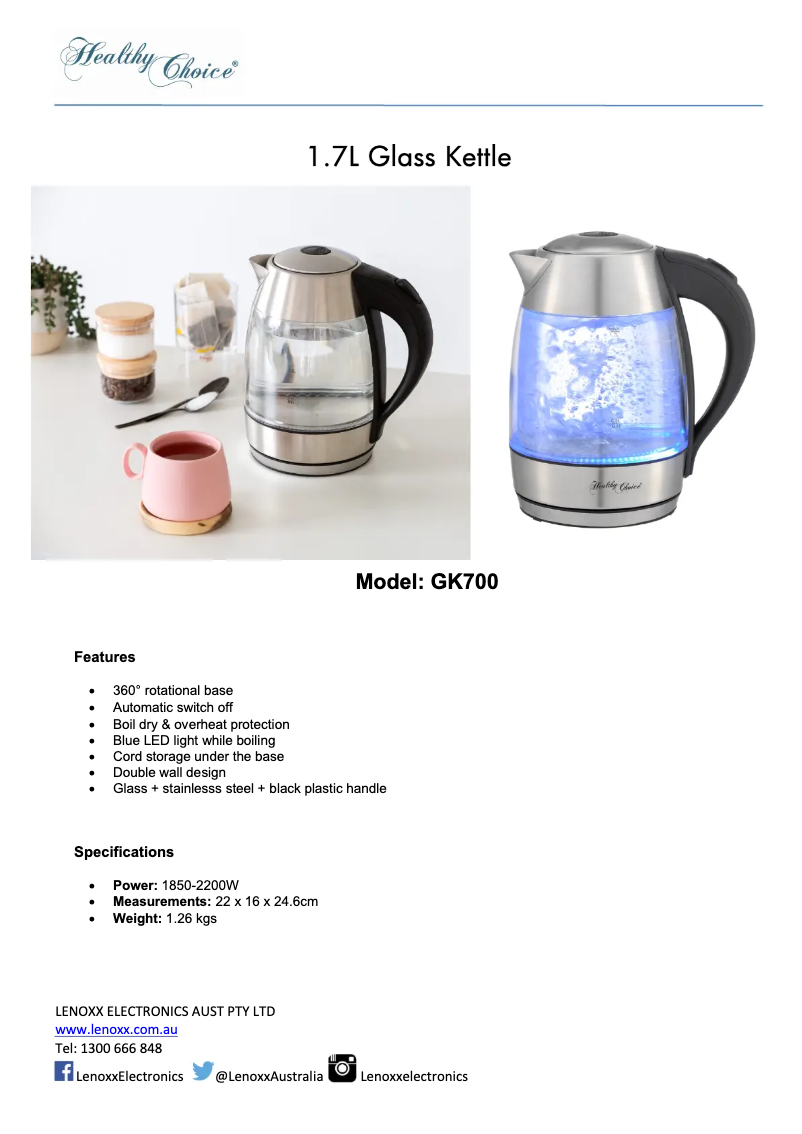 Page n°1 - Fiche technique Lenoxx Healthy Choice GK700