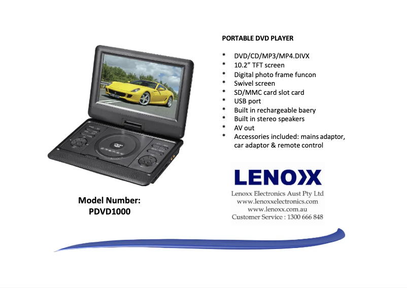 Page 1 de la notice Fiche technique Lenoxx PDVD1000