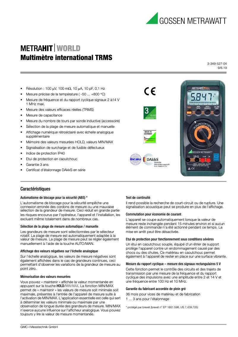 Page 1 de la notice Fiche technique Gossen Metrawatt MetraHit World