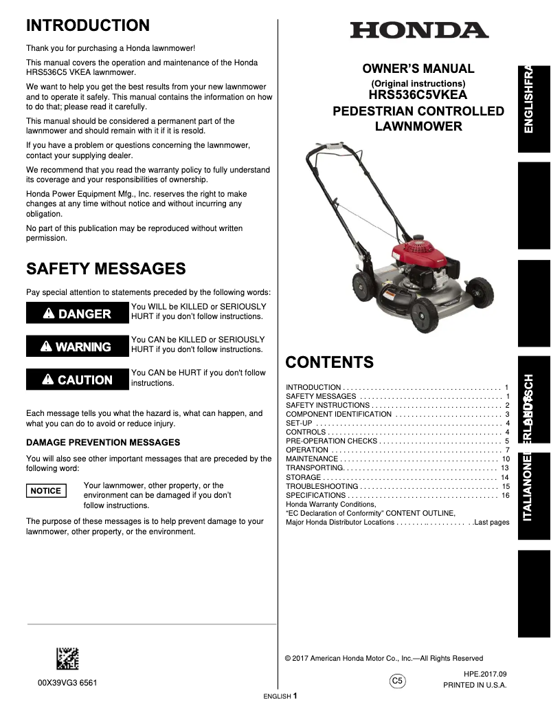 Page 1 de la notice Manuel utilisateur Honda HRS 536 C5 VK