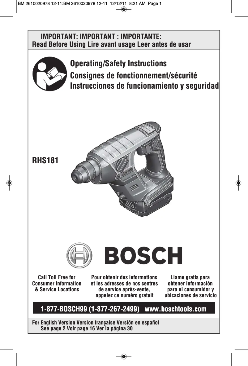 Page 1 de la notice Manuel utilisateur Bosch RHS181B