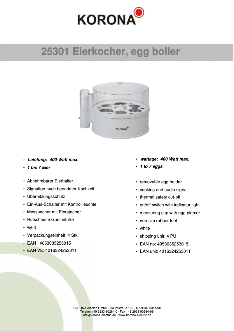 Página 1 del manual Ficha técnica Korona 25301
