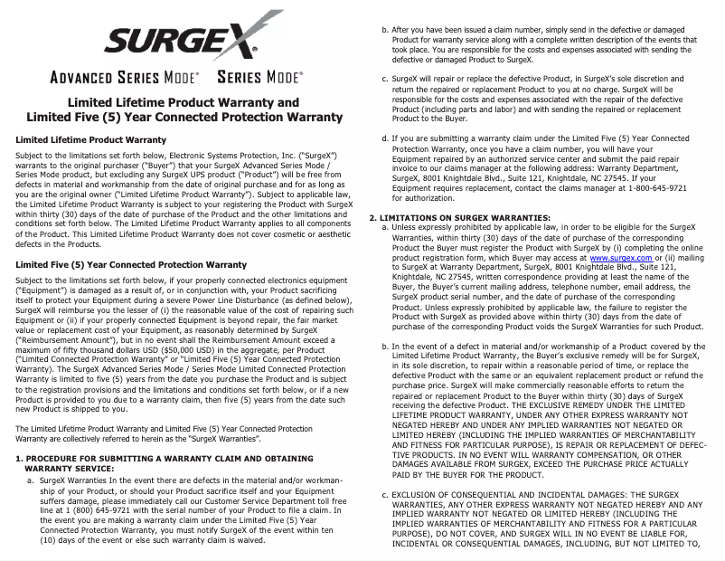 Page 1 de la notice Informations de garantie SurgeX SA-20