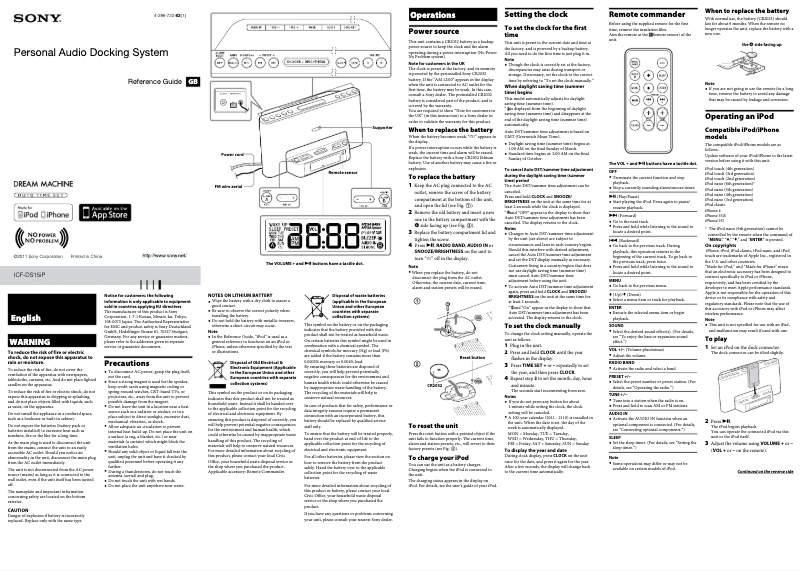 Page 1 de la notice Manuel utilisateur Sony ICF-DS15IPS