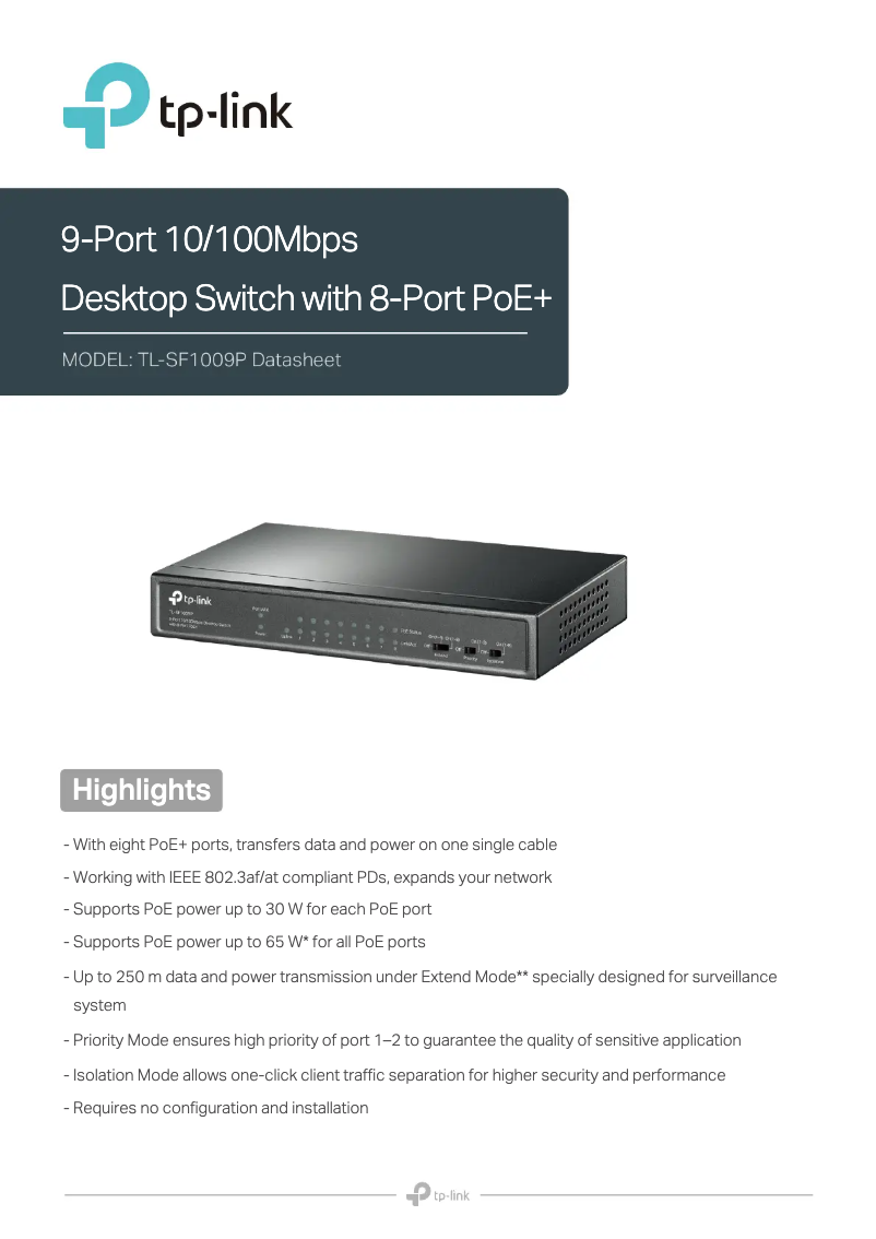 Imagen de la primera página del manual del dispositivo TL-SF1009P