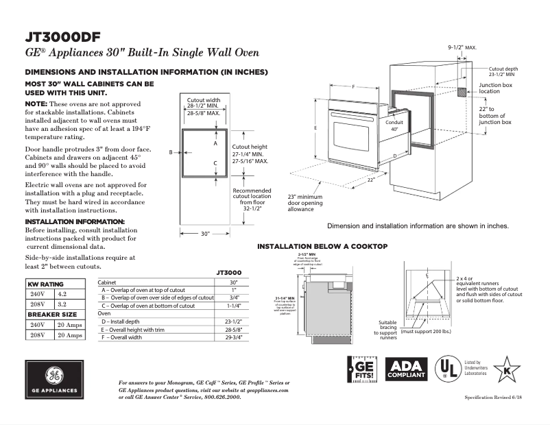 Page 1 de la notice Fiche technique GE JT3000DFCC
