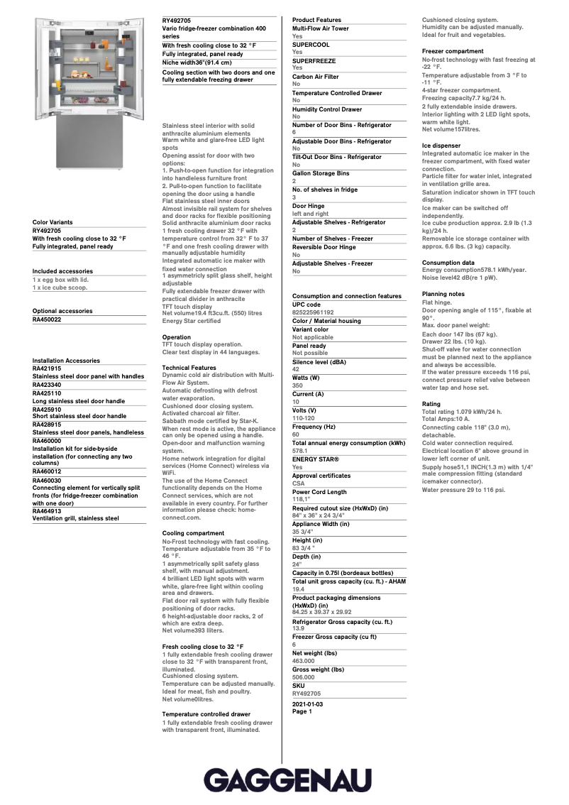 Page n°1 - Fiche technique Gaggenau RY492705