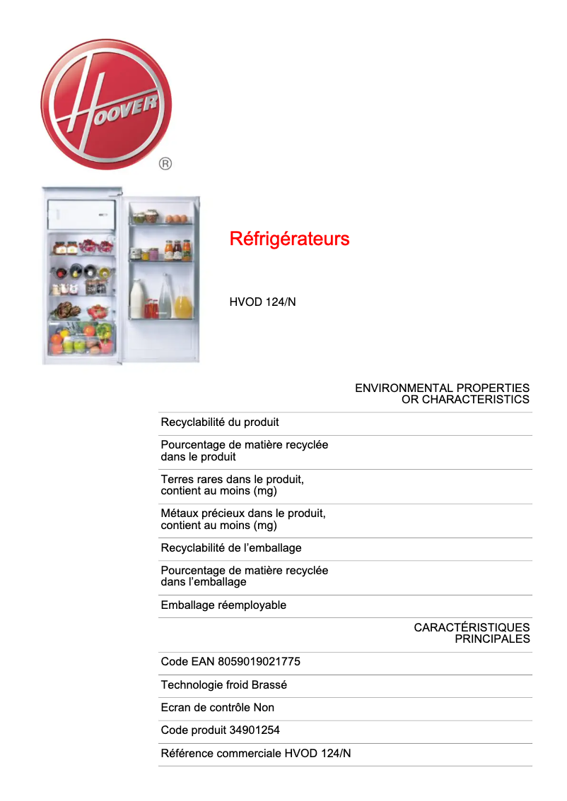 Page 1 de la notice Fiche technique Hoover HVOD 124/N