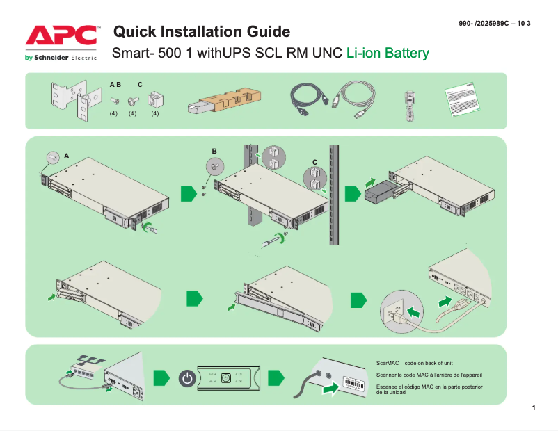 Page n°1 - Guide de démarrage rapide APC Smart-UPS SCL500RM1UNC