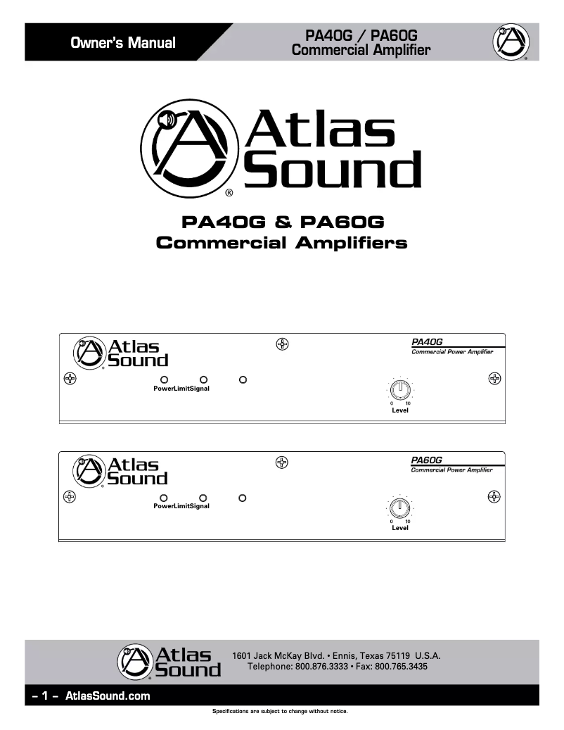 Page n°1 - Manuel utilisateur Atlas Sound PA40G