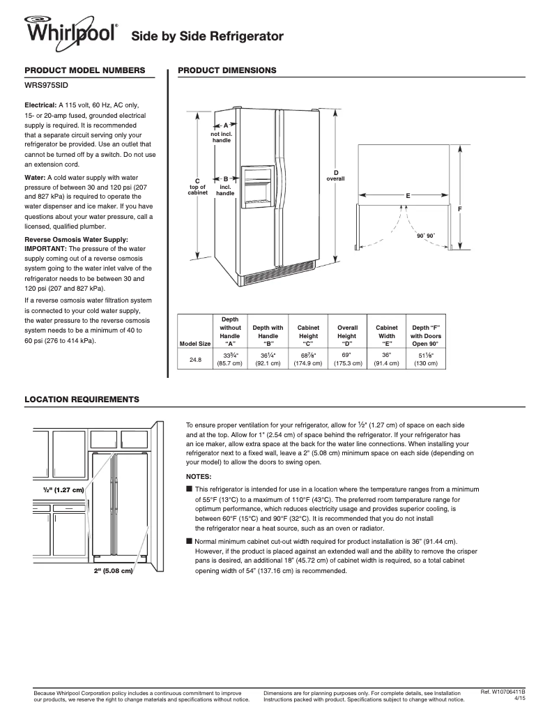 Page 1 de la notice Fiche technique Whirlpool WRS975SID