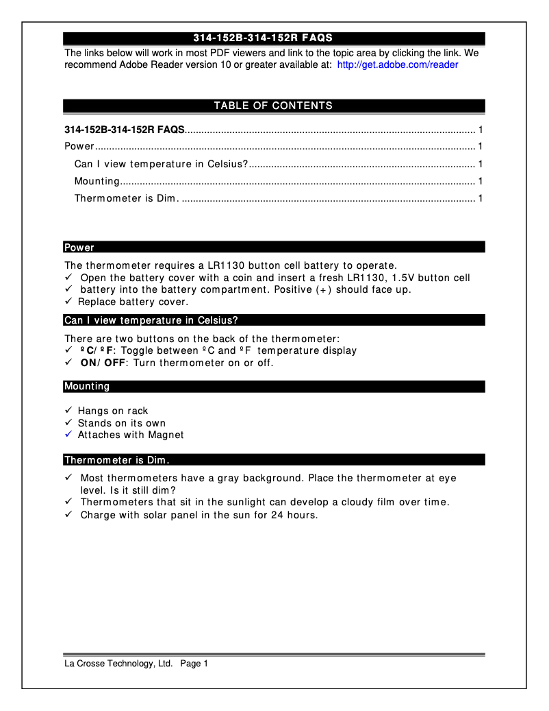 Page n°1 - FAQ La Crosse Technology 314-152-M