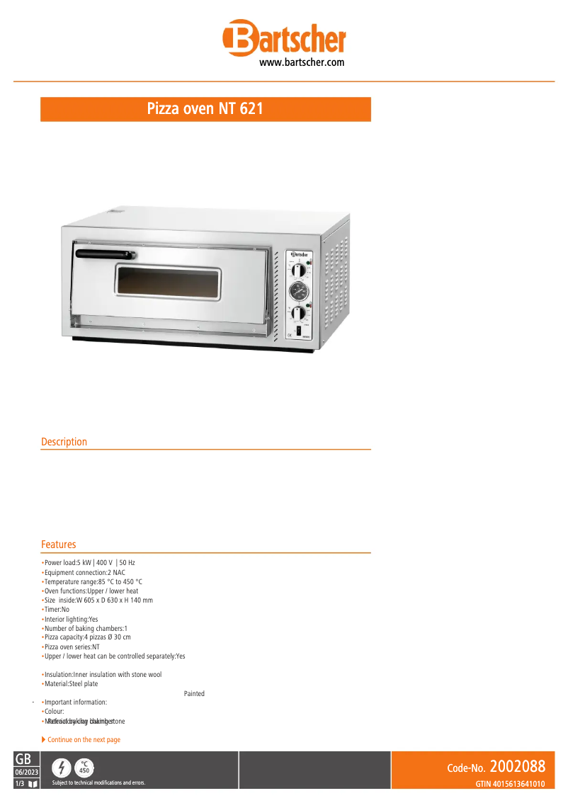 Page n°1 - Fiche technique Bartscher NT 621