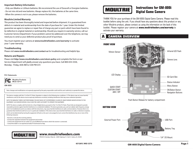Page n°1 - Manuel utilisateur Moultrie GM-800i