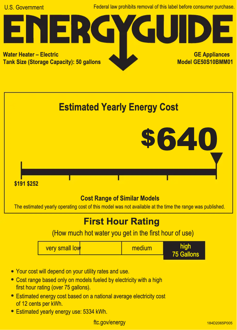 Page 1 de la notice Label énergétique GE GE50S10BMM