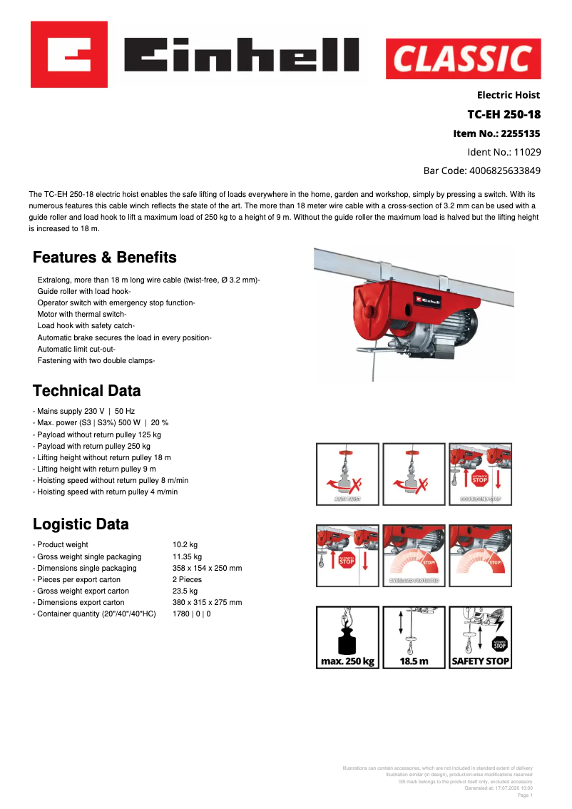 Page n°1 - Fiche technique Einhell TC-EH 250-18