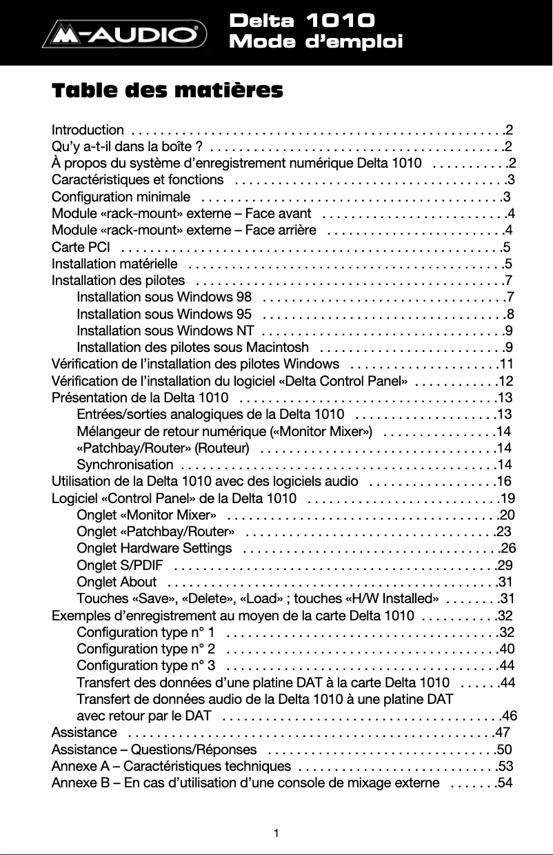 Page 1 de la notice Manuel utilisateur M-Audio Delta 1010