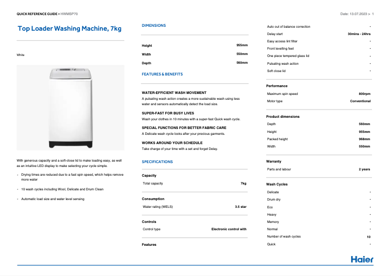 Image de la première page du manuel de l'appareil HWMSP70