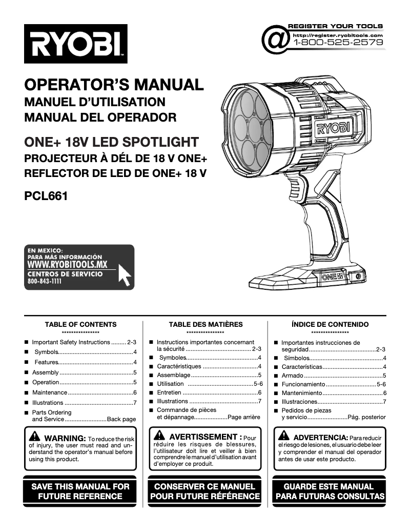 Page 1 de la notice Manuel utilisateur RYOBI One+ PCL661