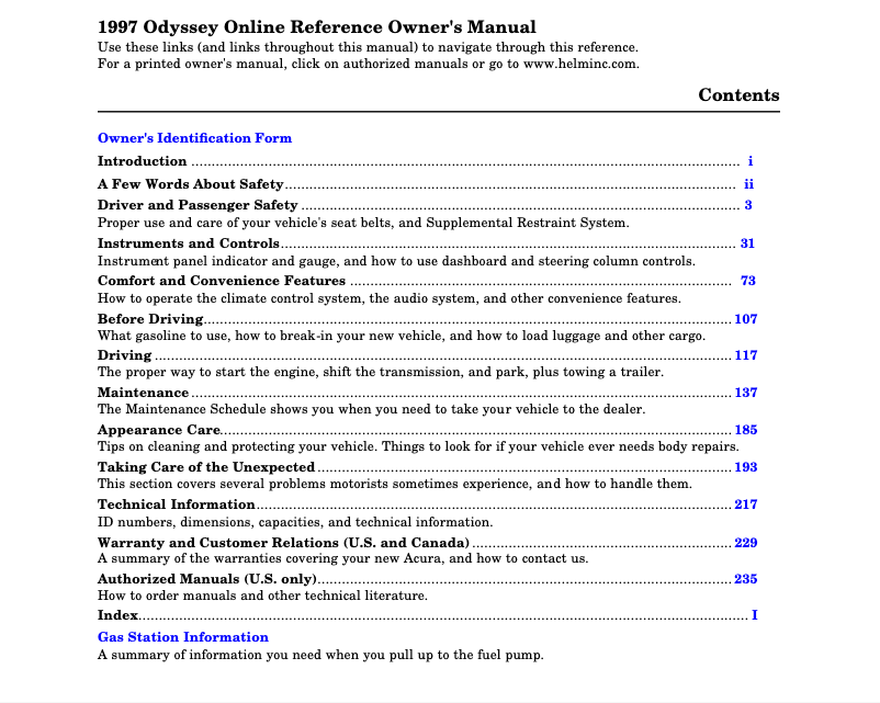 Page 1 de la notice Manuel utilisateur Honda Odyssey (1997)