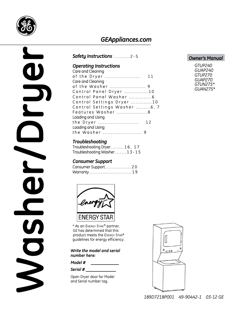 Page 1 of the manual Instruction Manual GE Unitized Spacemaker GTUN275GMWW