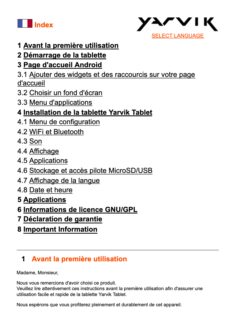 Page n°1 - Manuel utilisateur Yarvik Xenta 9.7