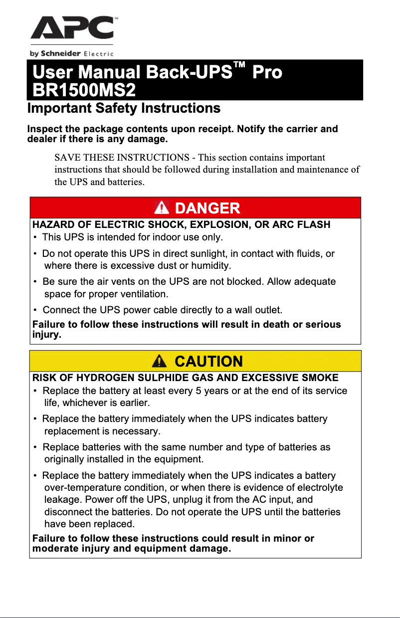 Page n°1 - Manuel utilisateur APC Back-UPS Pro BR1500MS2