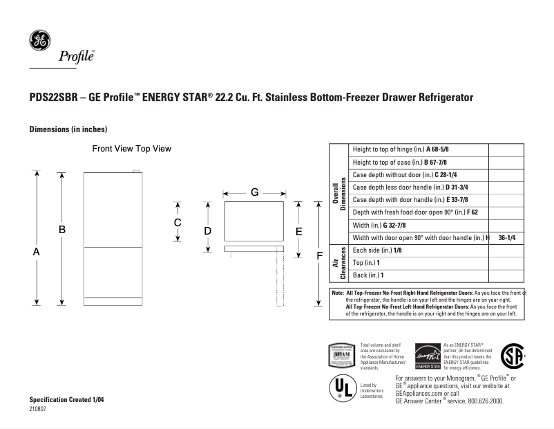 Page 1 de la notice Fiche technique GE PDS22SBRRSS
