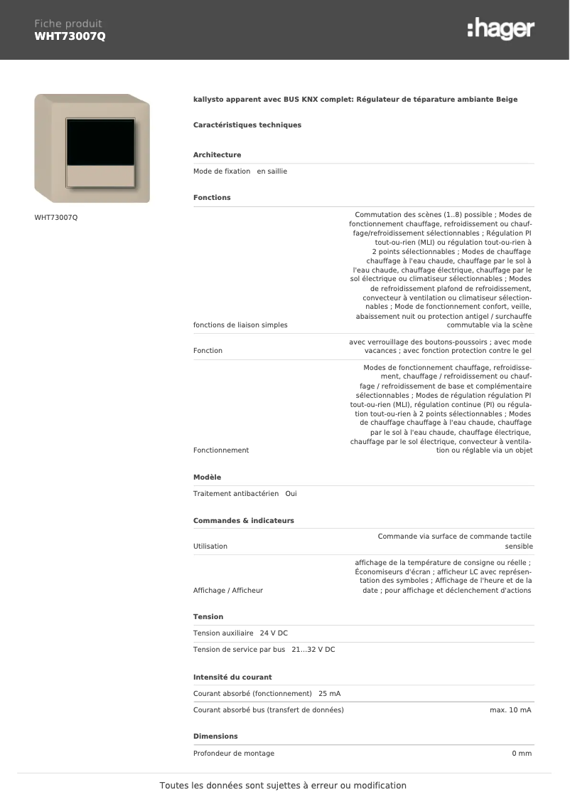Page 1 of the manual Technical Sheet Hager WHT73007Q