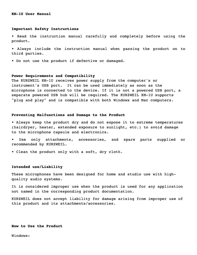 Page 1 de la notice Manuel utilisateur Kurzweil KM-1U