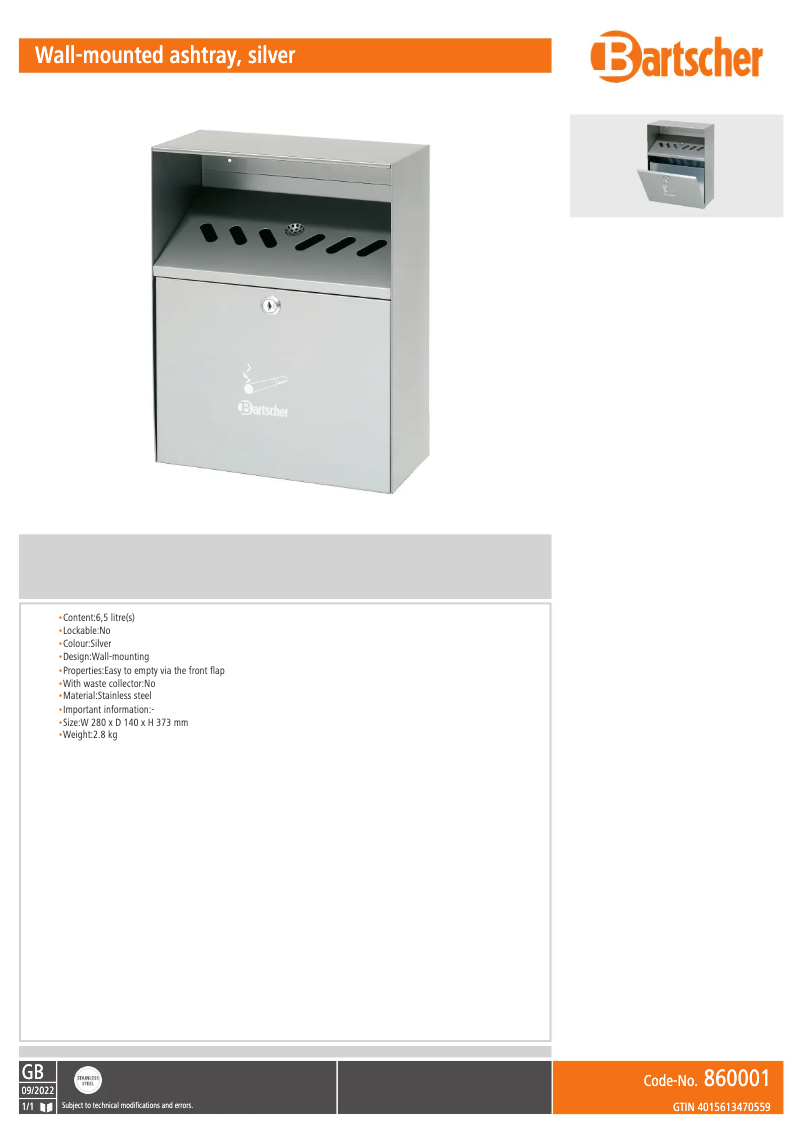 Page n°1 - Fiche technique Bartscher 860001