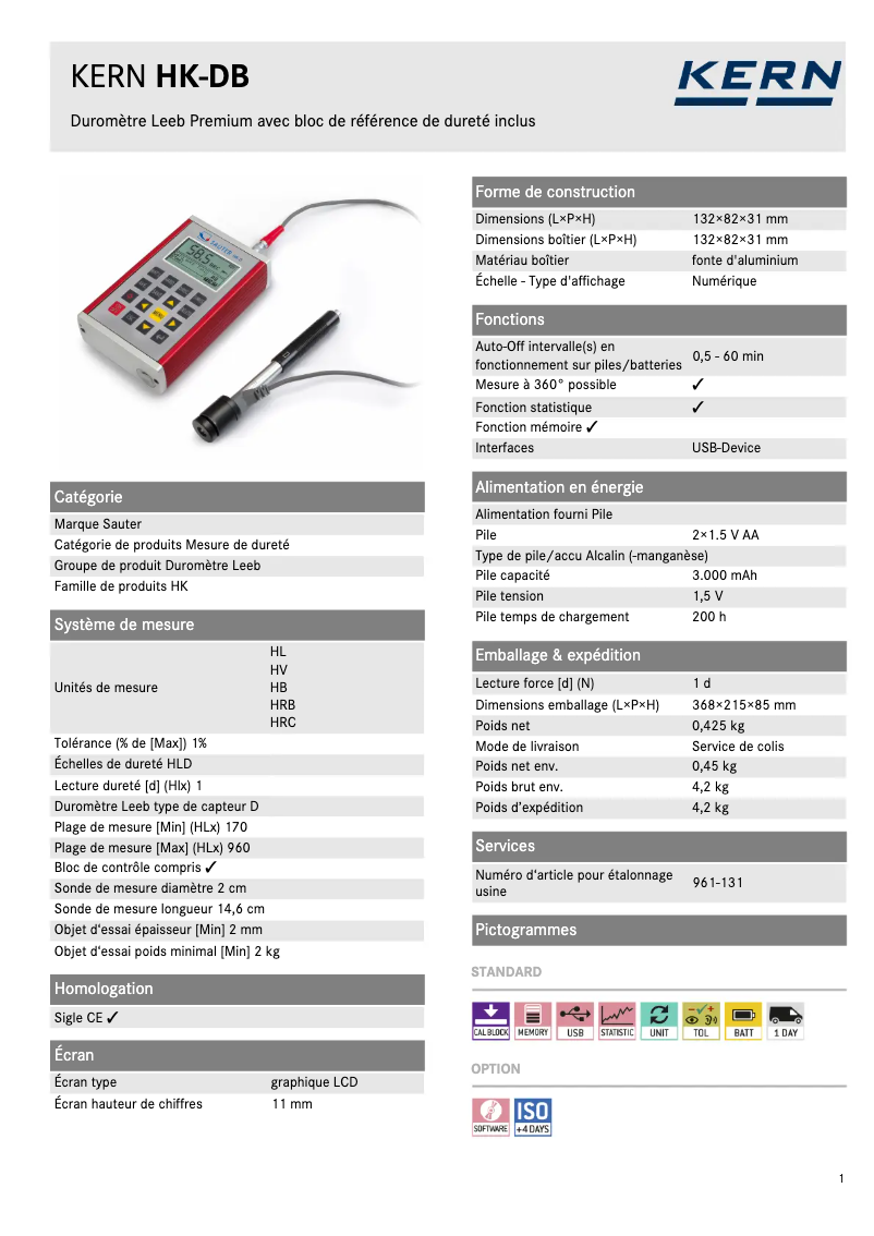 Page 1 de la notice Fiche technique Kern HK-DB