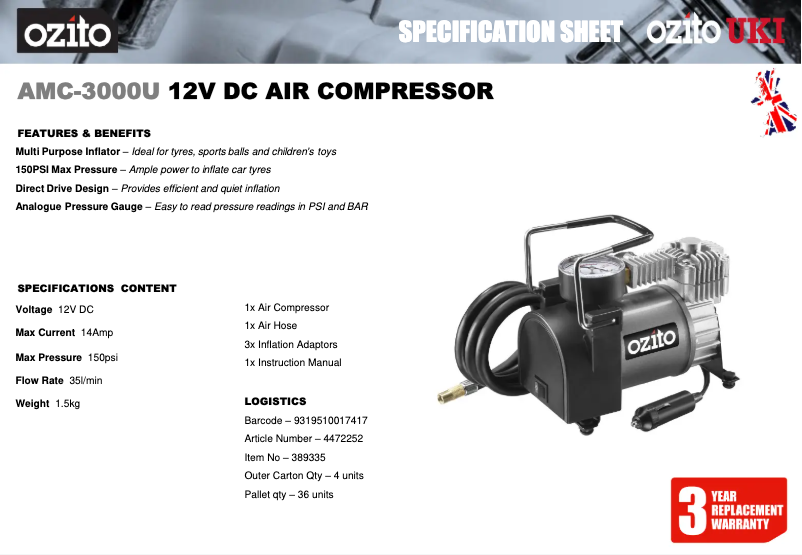 Page 1 de la notice Fiche technique Ozito AMC-3000U
