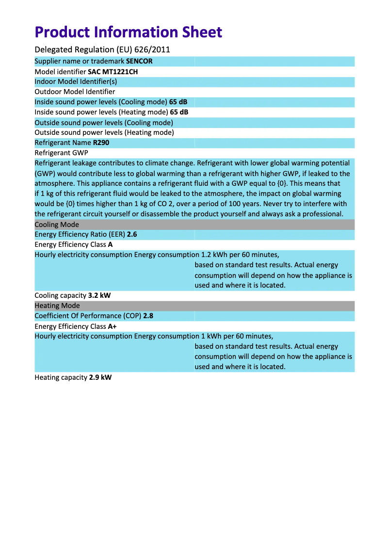 Page 1 de la notice Fiche technique Sencor SAC MT1221CH