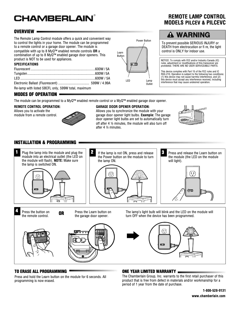Page 1 de la notice Manuel utilisateur Chamberlain PILCEV