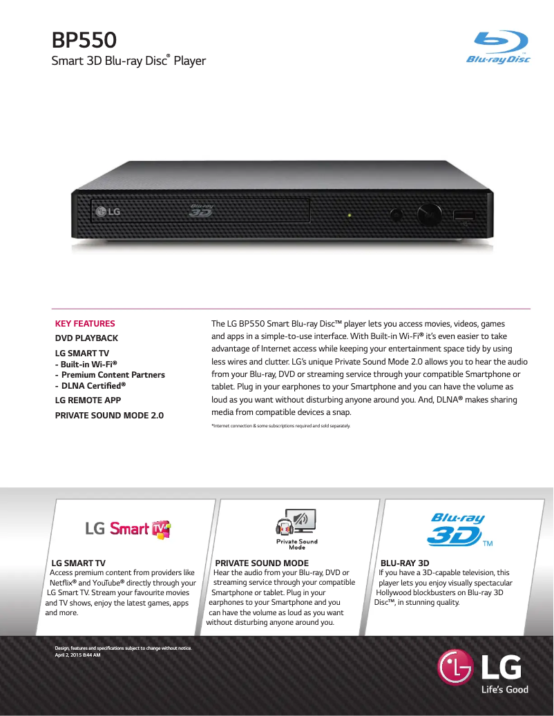 Page 1 de la notice Fiche technique LG BP550