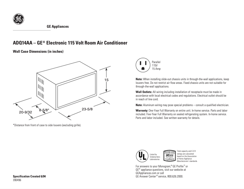 Page 1 de la notice Fiche technique GE ADQ14AA