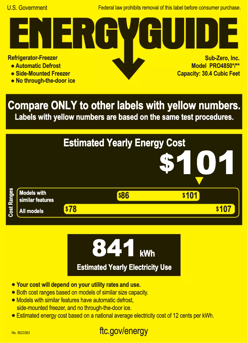 Page 1 de la notice Label énergétique Sub-Zero PRO4850G